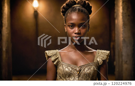 A young woman with braids stands in a dimly lit room, wearing a gold-colored dress A young woman with braids stands in a dimly lit room, wearing a gold-colored dress 120224976
