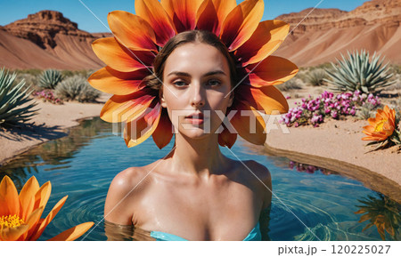 A woman with a large orange flower on her head, submerged in a blue pool, with desert landscape in the background 120225027