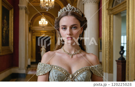 A young woman in a formal gown and tiara stands in a grand hallway, likely at a royal event 120225028