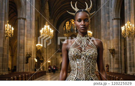A model walks down the aisle of a church wearing a sparkling gown and an elaborate headdress 120225029