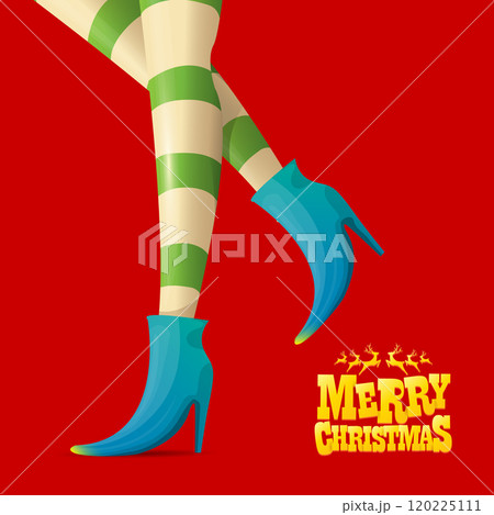 vector merry christmas greeting card with cartoon elf girls legs and greeting calligraphic text Merry christmas isolated on red. Vector merry christmas background with elf girl 120225111