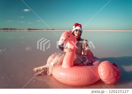Santa Flamingo Christmas woman Riding...の写真素材 [120225127] - PIXTA
