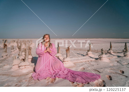 Woman Pink Dress Salt Lake Meditation Pose Scenic Landscape Nature Photography 120225137