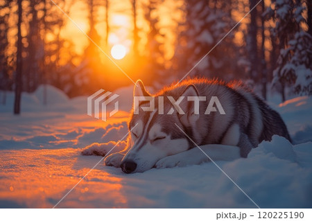 A dog lies on the snow in a winter forest, illuminated by a sunset 120225190