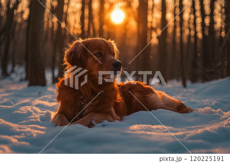 A dog lies on the snow in a winter forest, illuminated by a sunset 120225191