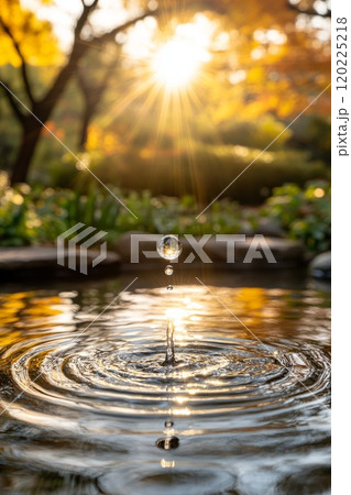 drop of water with the sun reflecting drips into a pond drop of water with the sun reflecting drips into a pond 120225218