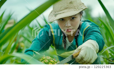 A focused farmer in a field, harvesting crops with a machete, showcasing dedication and hard work 120225363