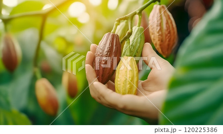 A hand gently touches vibrant cocoa pods on a tree, highlighting the rich colors and textures of the fruit 120225386