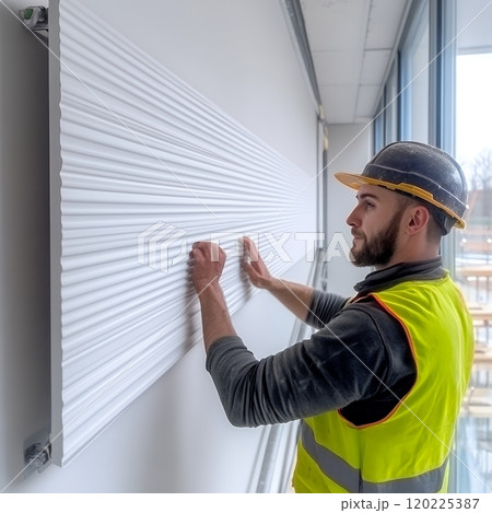 A construction worker installs wall panels, focusing on precision and craftsmanship in a modern building setting 120225387
