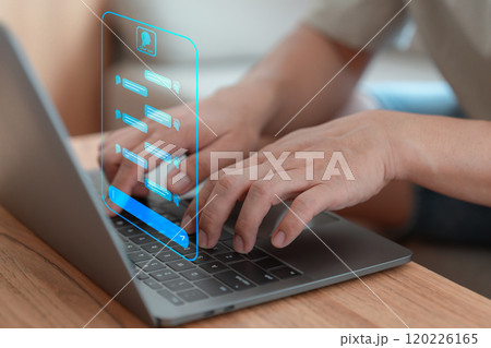User use a laptop computer with technology smart robot AI chatbot for chat. Artificial intelligence by enter command prompt for generates something, Futuristic technology transformation 120226165