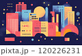 Abstract geometric cityscape in vibrant colors against a dark night background 120226231