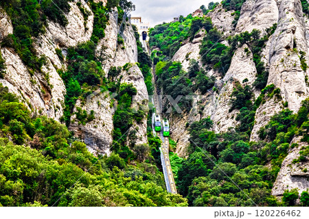 Funicular of Saint Joan de Montserrat, transport to access the Monastery of Santa Maria de Montserrat, abbey located on the mountain of Montserrat, in Bages, province of Barcelona, Spain Funicular of Saint Joan de Montserrat, transport to access the Monastery of Santa Maria de Montserrat, abbey located on the mountain of Montserrat, in Bages, province of Barcelona, Spain 120226462