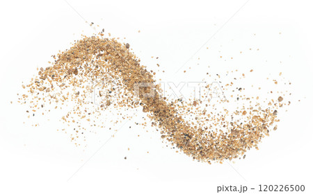 Big size Sand flying explosion, Golden grain wave explode. Abstract cloud fly. Yellow colored sand splash throwing in Air. White background Isolated high speed shutter, throwing freeze stop motion 120226500