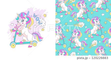 Cute unicorn ride a scooter illustration card and seamless pattern Cute unicorn ride a scooter illustration card and seamless pattern 120226663