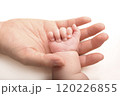 赤ちゃんの手を優しく握るママの手 120226855