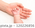 赤ちゃんの手を優しく握るママの手 120226856