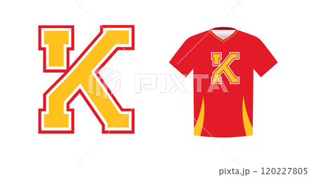 Bold yellow letter K with red outline, varsity sports emblem design on red athletic jersey. Ideal for sports team logos, college branding, athletic apparel. Vector illustration 120227805