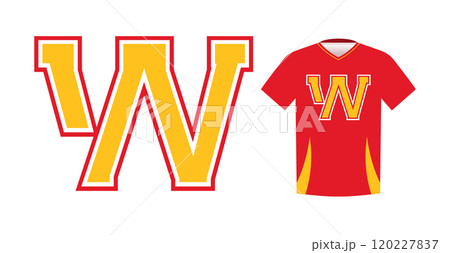 Bold yellow letter W with red outline, varsity sports emblem design on red athletic jersey. Ideal for sports team logos, college branding, athletic apparel. Vector illustration Bold yellow letter W with red outline, varsity sports emblem design on red athletic jersey. Ideal for sports team logos, college branding, athletic apparel. Vector illustration 120227837