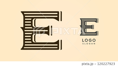 Vintage western letter E, country stylish old lettermark for retro bar logo, BBQ cafe, tattoo salon, saloon plaque, alcohol label. Vector illustration Vintage western letter E, country stylish old lettermark for retro bar logo, BBQ cafe, tattoo salon, saloon plaque, alcohol label. Vector illustration 120227923
