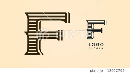 Vintage western letter F, country stylish old lettermark for retro bar logo, BBQ cafe, tattoo salon, saloon plaque, alcohol label. Vector illustration Vintage western letter F, country stylish old lettermark for retro bar logo, BBQ cafe, tattoo salon, saloon plaque, alcohol label. Vector illustration 120227924