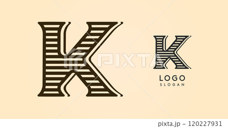 Vintage western letter K, country stylish old lettermark for retro bar logo, BBQ cafe, tattoo salon, saloon plaque, alcohol label. Vector illustration 120227931
