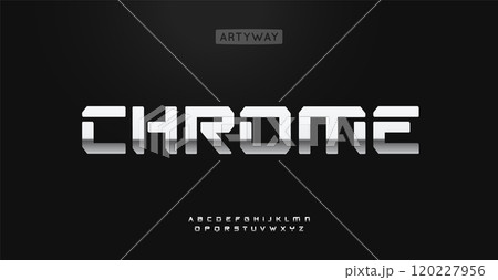 Chrome alphabet, bold geometric letters with bevel, sleek polished alphabet for tech industrial branding, machinery logo, boldness chromium headline. Vector typeset. 120227956