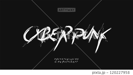 Cyberpunk graffiti alphabet, chaotic brush typeface, edgy wild lettering, expressive urban typography for rebellious punk logo, street intense style headline. Vector typeset. 120227958