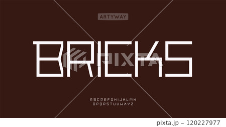 Geometric minimalist alphabet, simple squared letter, linear modular font for tech industrial logo, kid toys branding, contemporary identity. Vector typeset. 120227977