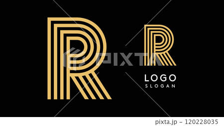 Geometric golden letter R with concentric lines on black background. Sleek sophisticated logo design. Luxury, modernity, elegance logotype for premium branding, corporate identity.Vector illustration. 120228035
