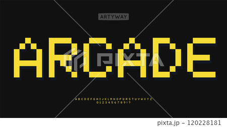 Pixelated 8-bit alphabet, retro video game style letters, nostalgic digital font, classic arcade typography, bold blocky lettering, Y2K gaming alphabet, stylized for tech branding. Vector typeset. 120228181