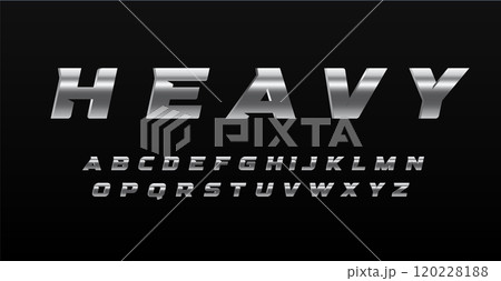 Chrome metallic alphabet, italic bold 3D letters, automotive font for industrial branding, automotive logo, powerful machinery headline, impactful title. Polished metal typography. Vector typeset 120228188