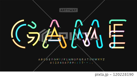 Neon cyber typeface, bright dashed letters, Y2K arcade style, glowing digital typography, vibrant entertainment font for digital gaming healine and logo. Electric nightlife alphabet. Vector typeset. 120228190