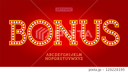 Illuminated marquee font with vibrant light dots, retro casino letters for carnival headline, festive signage, vegas gambling, flashy event promo, vegas entertainment typeface. Vector typeset 120228195