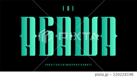 Tall condensed alphabet with refined gothic sharp serifs letters, dark mysterious font for luxury branding, sophisticated headline, premium monogram with dramatic medieval flair. Vector typeset 120228196