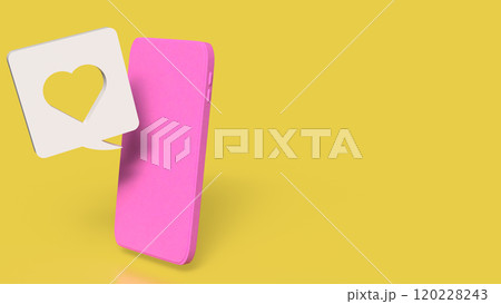 The pink mobile and heart icon on yellow background for love applications concept 3d rendering. The pink mobile and heart icon on yellow background for love applications concept 3d rendering. 120228243