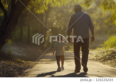 夕暮れの道を歩く祖父と孫の後ろ姿 - 家族の絆を象徴する温かい瞬間 夕暮れの道を歩く祖父と孫の後ろ姿 - 家族の絆を象徴する温かい瞬間 120228283