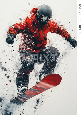Snowboarder performing a mid-air stunt against a snowy backdrop in bright winter conditions 120228406