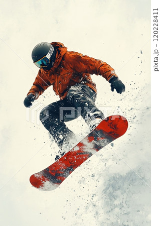 Snowboarder mid-air performing a stunt in a snowy landscape during winter sports season 120228411