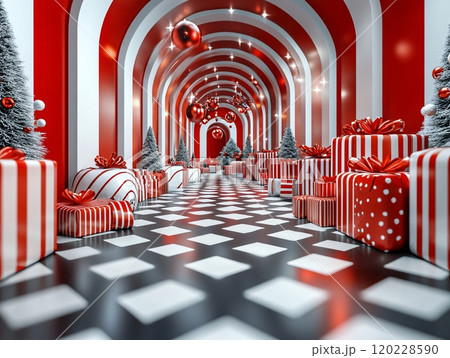A beautifully decorated festive hallway with gifts and Christmas trees in vibrant red and white 120228590