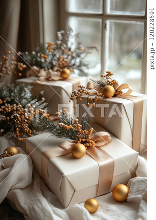 Elegant holiday gift arrangement by a window with decorations during winter season 120228591