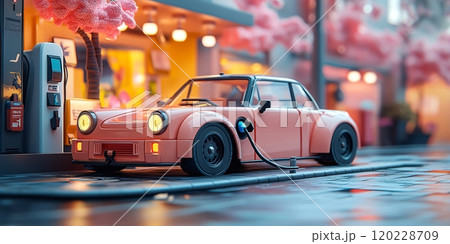 Electric vehicle charging at a modern station in a vibrant urban environment during the daytime 120228709