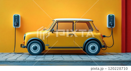 Yellow electric vehicle charging at a sleek station against a vibrant wall backdrop 120228710