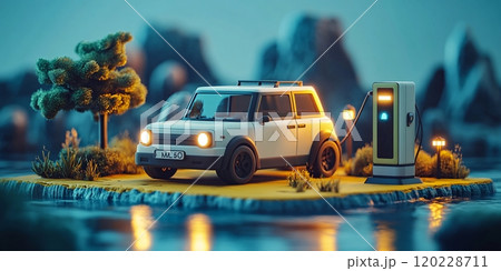 Charging a modern cartoon-style electric car at a scenic station during twilight hours 120228711