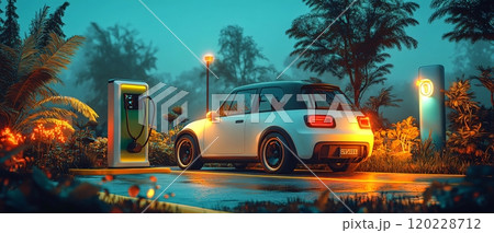 A modern white electric car charging at a station in a serene nighttime setting surrounded by nature 120228712