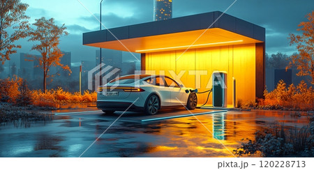 A modern white electric car charging at a sleek station during a vibrant sunset 120228713