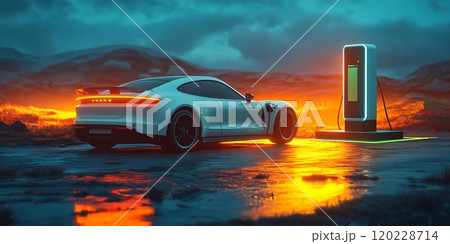 A modern electric car charging at a station under a colorful sky during twilight 120228714