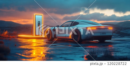 Modern white electric car charging at a station during a colorful sunset Modern white electric car charging at a station during a colorful sunset 120228722