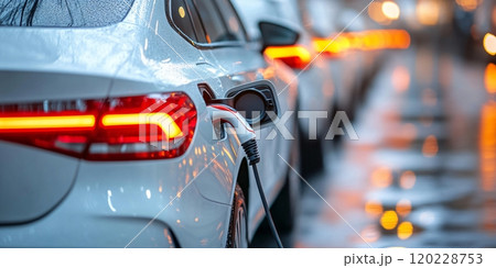 An electric car connects to a charging station in a vibrant, rainy city setting 120228753
