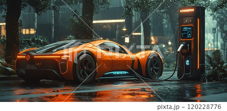 Electric car charging at a green futuristic charging station in a vibrant urban environment 120228776