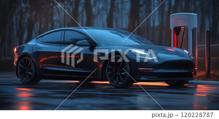An electric car charging at a station in a quiet, dimly lit forest during dusk 120228787
